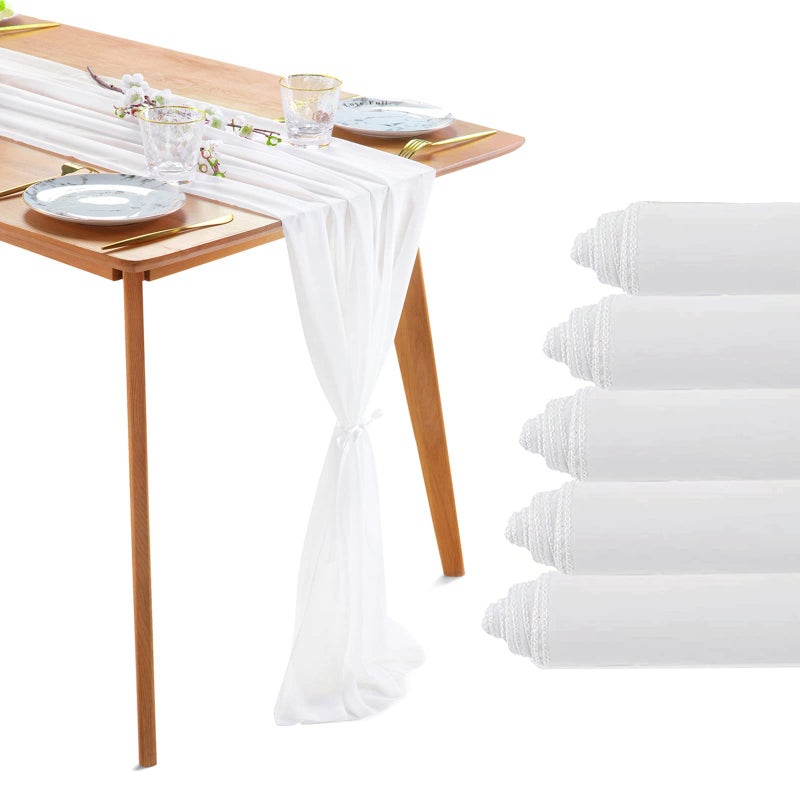 B.Cool B-COOL 5 Pack 10Ft White Chiffon Table Runners Fall Sheer Table Runner Thanksgiving Rustic Runner for Wedding Bridal Shower Birthday Banquet Christmas Party Tables Decorations 27x120 Inches - Image 1
